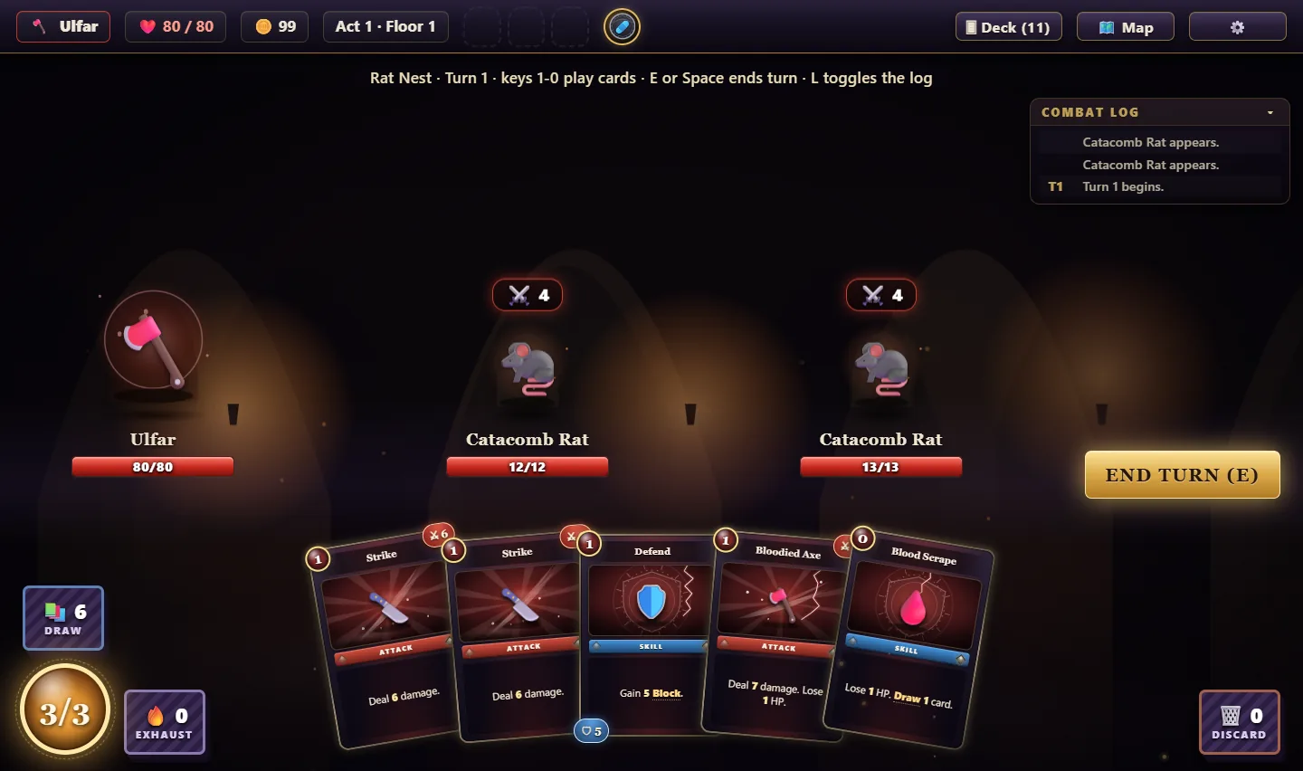 Duskspire combat screen with the player facing two Catacomb Rats and a hand of five cards