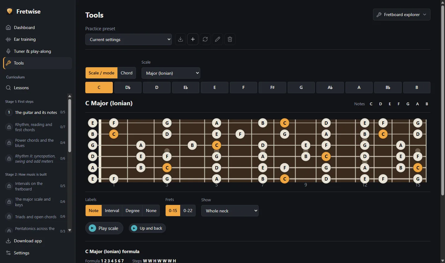 Fretwise fretboard explorer showing the C major scale across the guitar neck